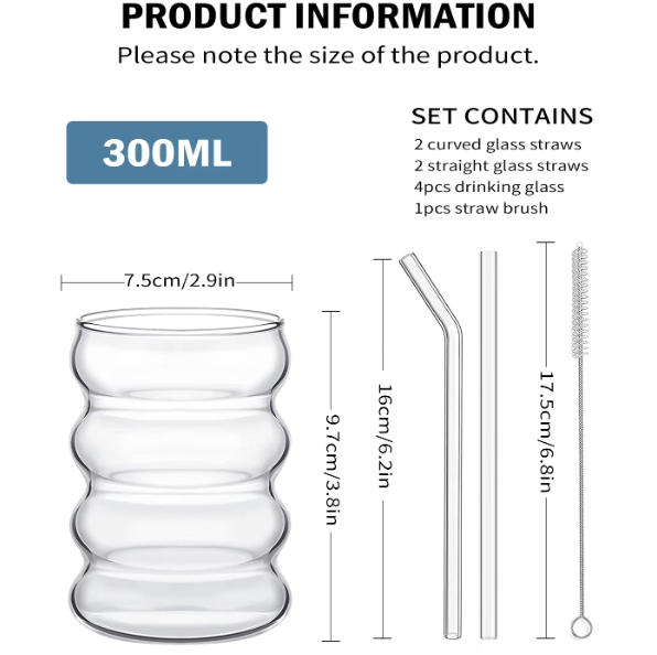 Set van 4 Vintage Geribbelde Glazen Bekers met Rietjes – Esthetische Drinkglazen voor Koffie, Sap en Cocktails