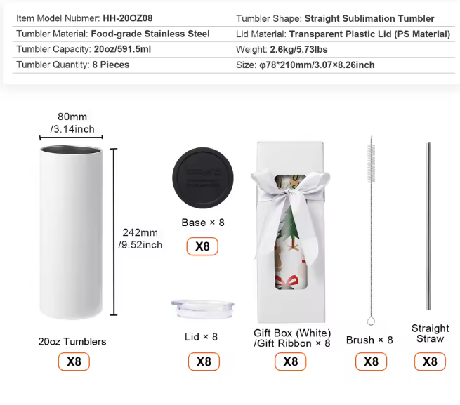 Set Sublimatie Tumblers van RVS – Blanco Tumbler Bekers voor Warmteoverdracht en Personalisatie