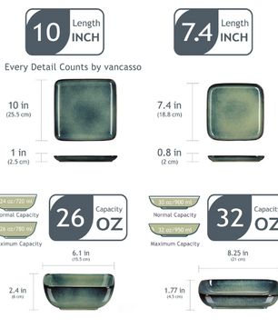 16-Delige Keramische Serviesset Vierkant – Borden en Kommen Set voor 4 Personen