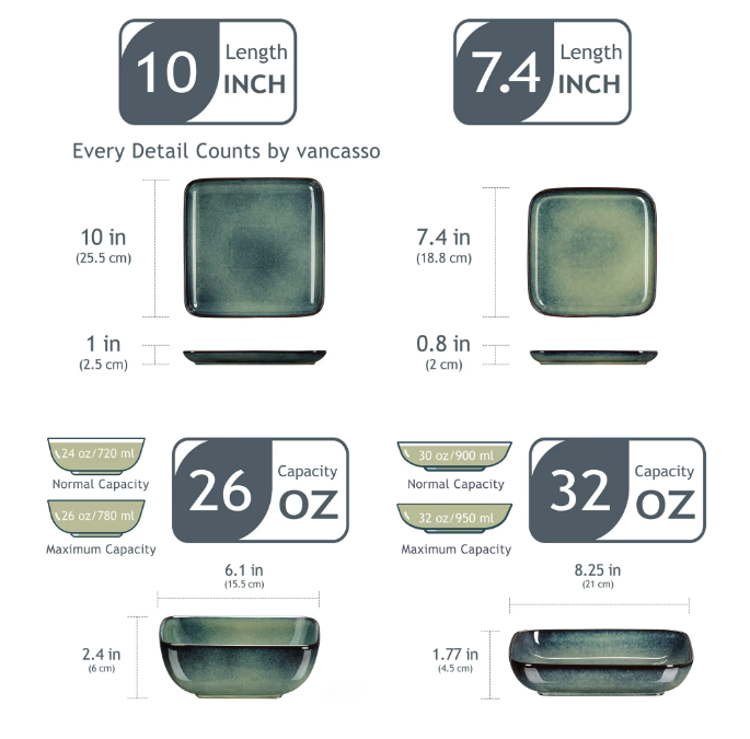16-Delige Keramische Serviesset Vierkant – Borden en Kommen Set voor 4 Personen