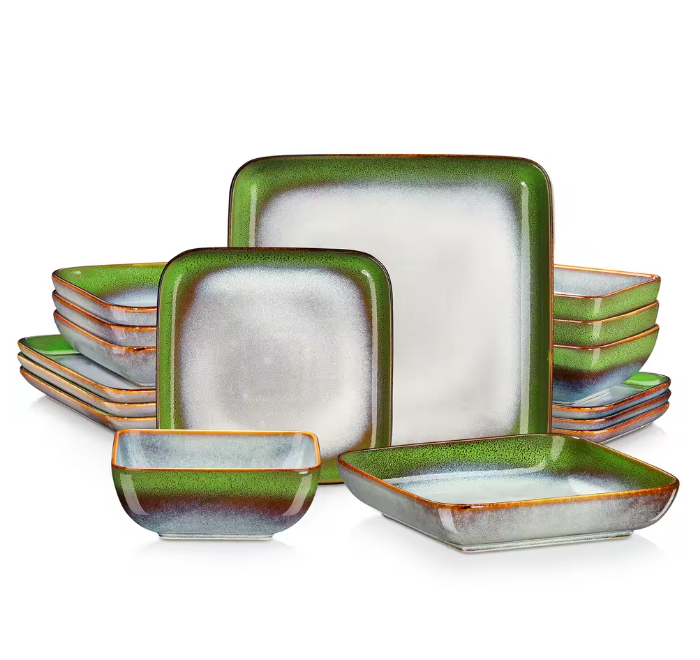 16-Delige Keramische Serviesset Vierkant – Borden en Kommen Set voor 4 Personen