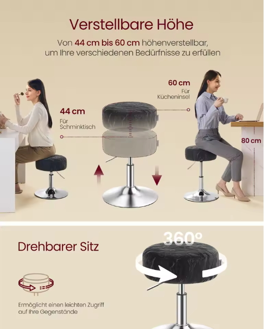 Moderne Make-Up Kruk – 360° Draaibare Verstelbare Kruk met PU Zitting