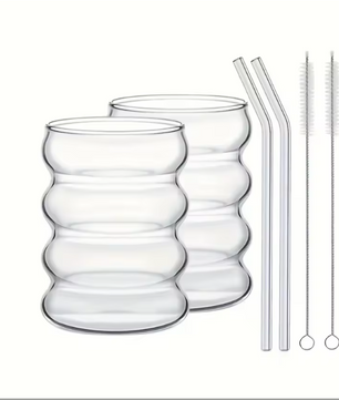 Set van 2 Geribbelde Glazen Bekers met Rietjes – Vintage Borosilicaat Drinkglazen 350 ml