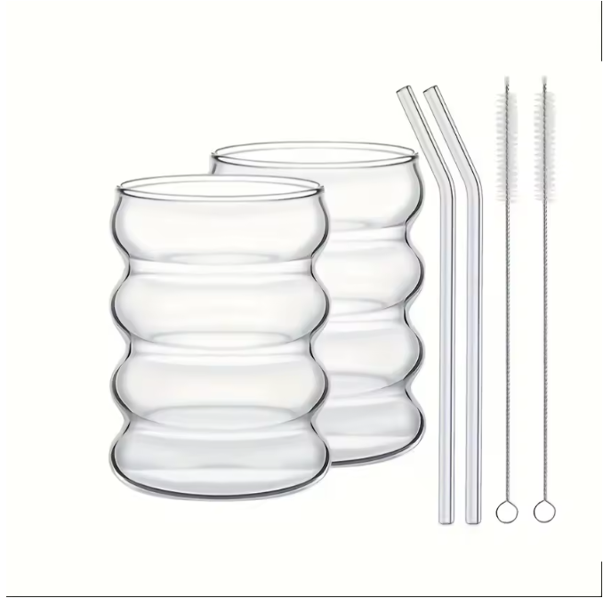 Set van 2 Geribbelde Glazen Bekers met Rietjes – Vintage Borosilicaat Drinkglazen 350 ml