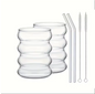 Set van 2 Geribbelde Glazen Bekers met Rietjes – Vintage Borosilicaat Drinkglazen 350 ml