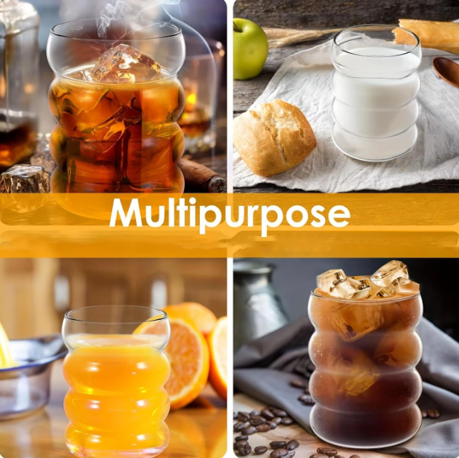 Set van 2 Geribbelde Glazen Bekers met Rietjes – Vintage Borosilicaat Drinkglazen 350 ml