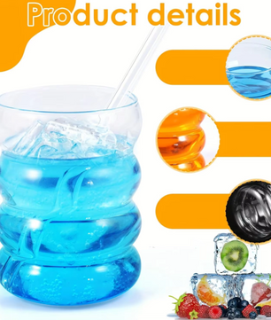 Set van 2 Geribbelde Glazen Bekers met Rietjes – Vintage Borosilicaat Drinkglazen 350 ml