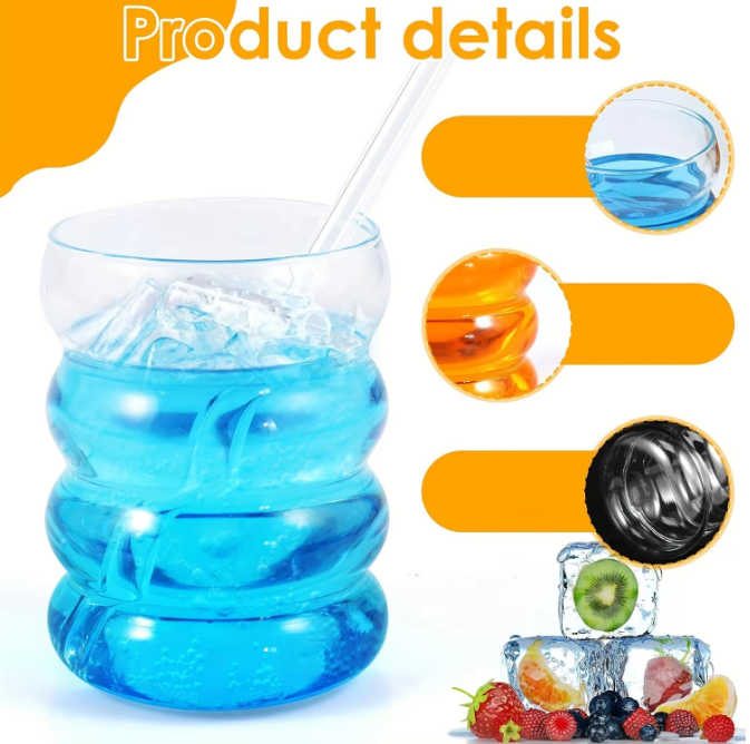 Set van 2 Geribbelde Glazen Bekers met Rietjes – Vintage Borosilicaat Drinkglazen 350 ml