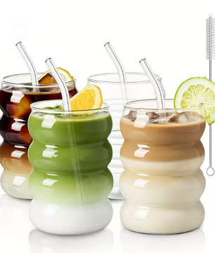 Set van 2 Geribbelde Glazen Bekers met Rietjes – Vintage Borosilicaat Drinkglazen 350 ml