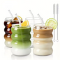 Set van 2 Geribbelde Glazen Bekers met Rietjes – Vintage Borosilicaat Drinkglazen 350 ml