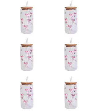 Glazen Beker met Strik Print, Deksel en Rietje – Esthetische Drinkbeker