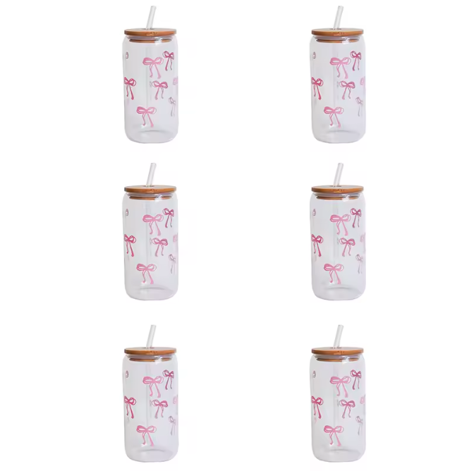 Glazen Beker met Strik Print, Deksel en Rietje – Esthetische Drinkbeker