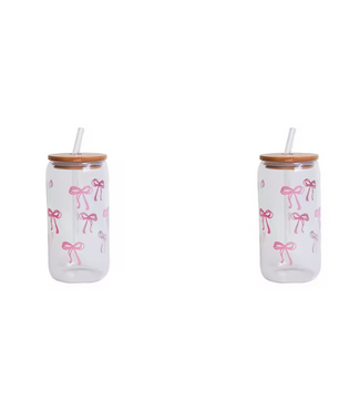 Glazen Beker met Strik Print, Deksel en Rietje – Esthetische Drinkbeker