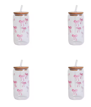 Glazen Beker met Strik Print, Deksel en Rietje – Esthetische Drinkbeker