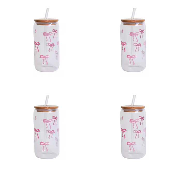 Glazen Beker met Strik Print, Deksel en Rietje – Esthetische Drinkbeker