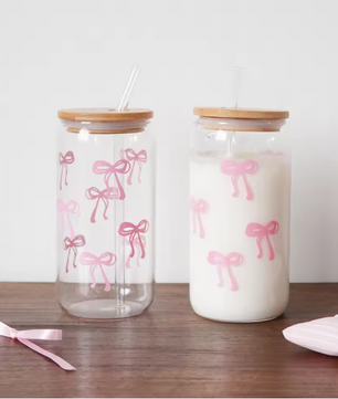 Glazen Beker met Strik Print, Deksel en Rietje – Esthetische Drinkbeker