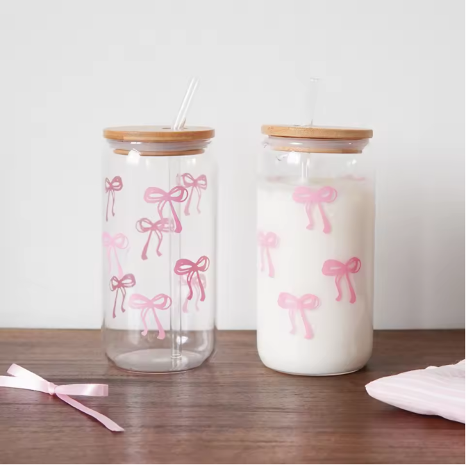 Glazen Beker met Strik Print, Deksel en Rietje – Esthetische Drinkbeker