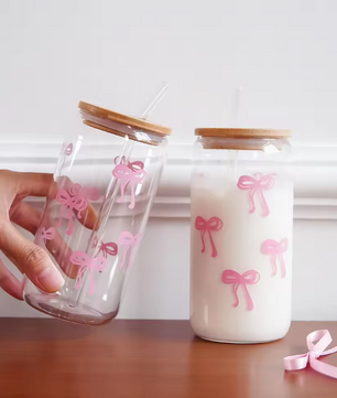 Glazen Beker met Strik Print, Deksel en Rietje – Esthetische Drinkbeker