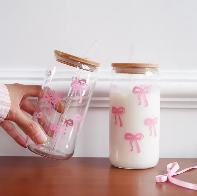 Glazen Beker met Strik Print, Deksel en Rietje – Esthetische Drinkbeker