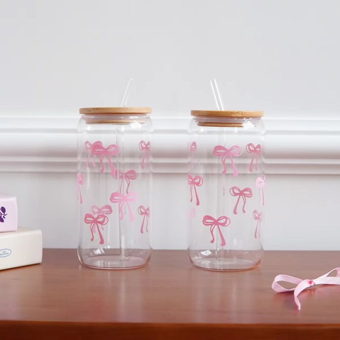 Glazen Beker met Strik Print, Deksel en Rietje – Esthetische Drinkbeker