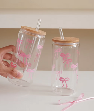 Glazen Beker met Strik Print, Deksel en Rietje – Esthetische Drinkbeker