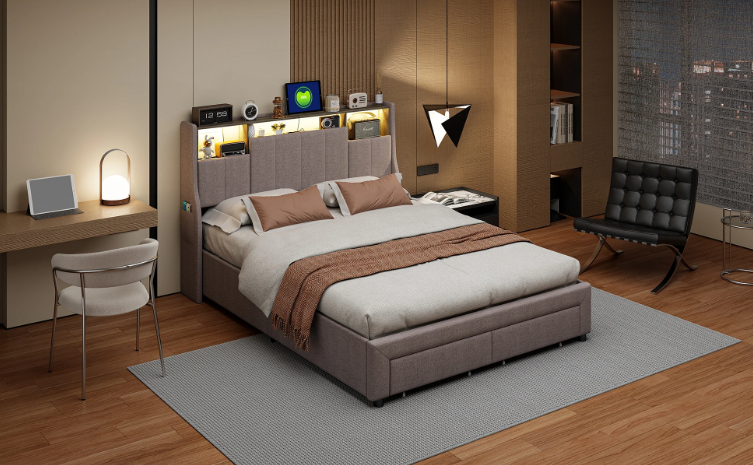 LED-gestoffeerd tweepersoonsbed met USB, 2 lades en opberghoofdeinde