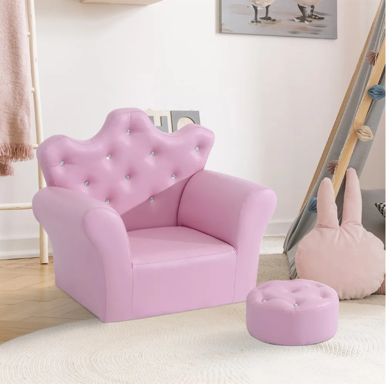 Kinderfauteuil Met Kruk – Hoge Rug Kroonvormig, Comfortabel en Decoratief