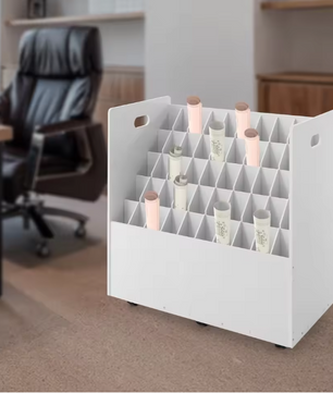50-slot Roll File Organizer – Mobiele Bestandswagen met 6 Wielen, Zwart/Wit PVC