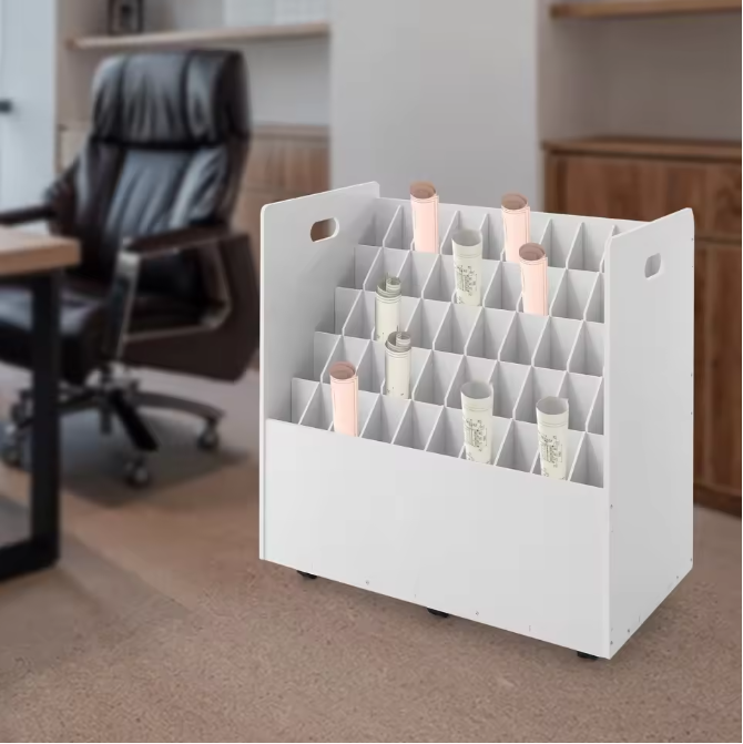 50-slot Roll File Organizer – Mobiele Bestandswagen met 6 Wielen, Zwart/Wit PVC