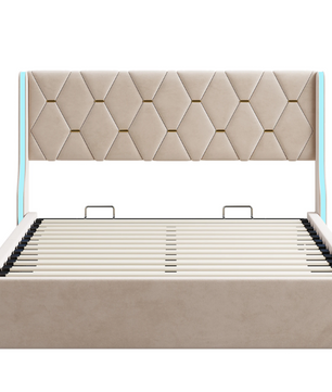 Gestoffeerd hydraulisch tweepersoonsbed met LED-hoofdeinde en opbergruimte