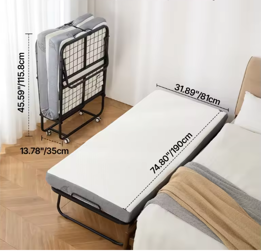 Opklapbed met Stalen Frame en Geheugenfoam Matras – 31/38 inch, Makkelijk Verplaatsbaar en Comfortabel