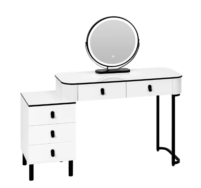 Moderne Kaptafel met LED Spiegel en Kruk – Flexibele Opstelling en Ruime Opbergruimte
