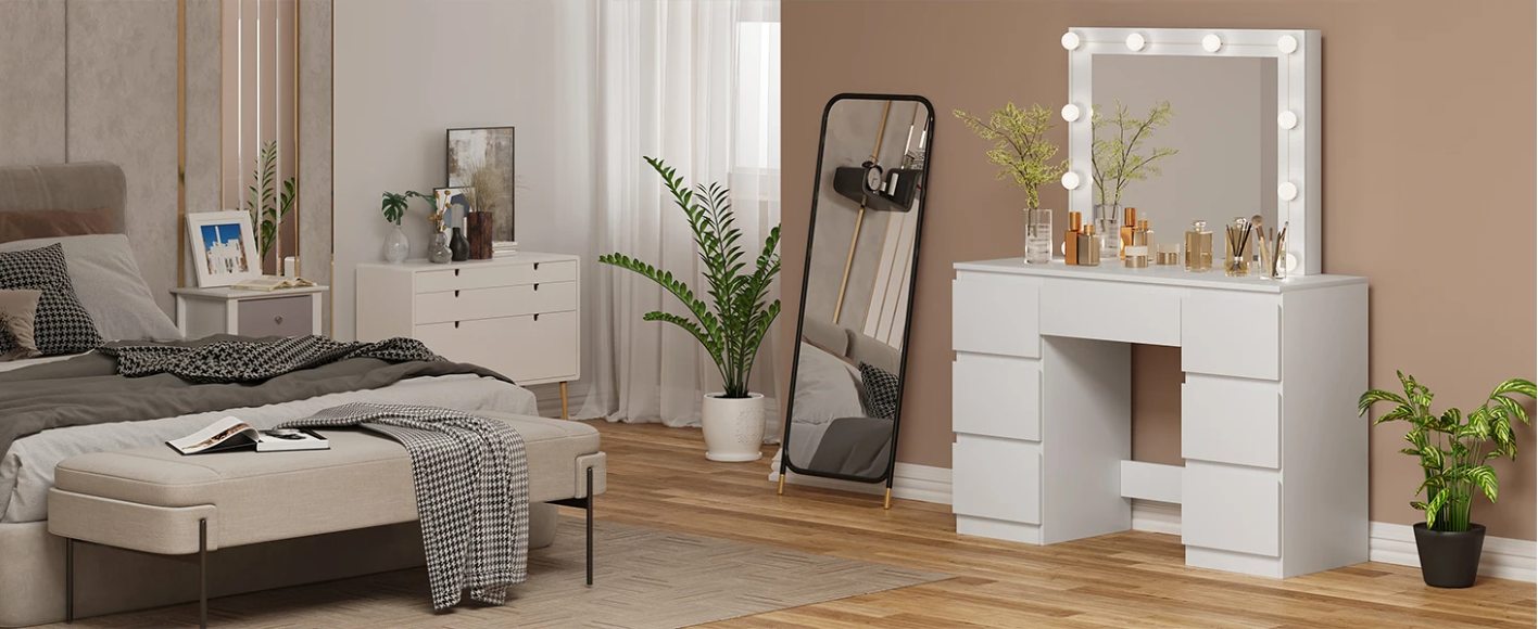 Vanity kaptafel met LED-verlichting – Grote spiegel en 7 lades, witte make-uptafel