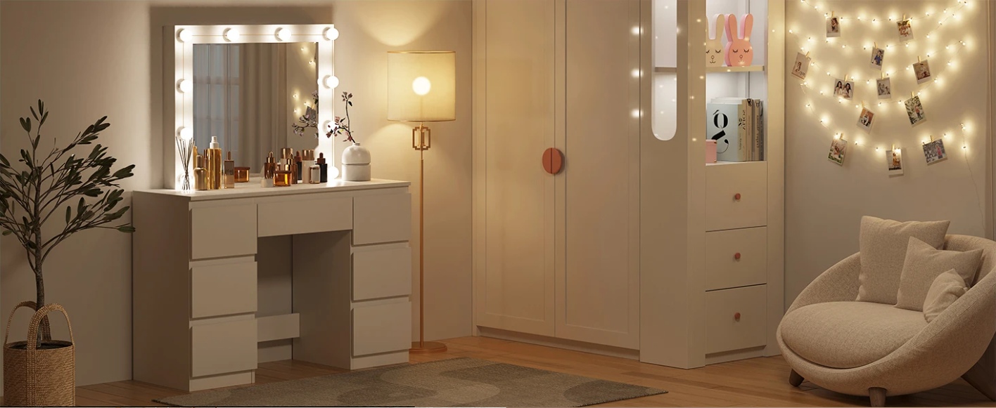 Vanity kaptafel met LED-verlichting – Grote spiegel en 7 lades, witte make-uptafel