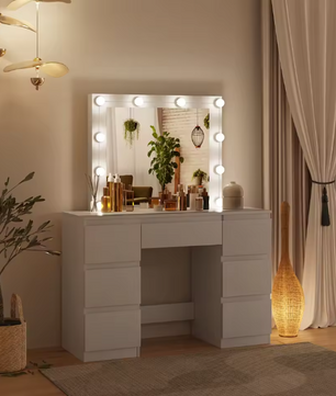 Vanity kaptafel met LED-verlichting – Grote spiegel en 7 lades, witte make-uptafel