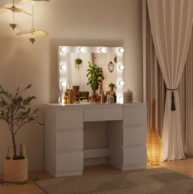 Vanity kaptafel met LED-verlichting – Grote spiegel en 7 lades, witte make-uptafel
