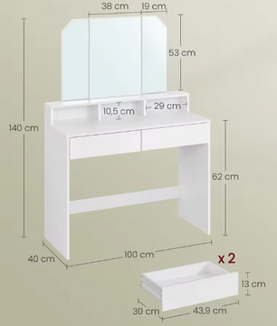 Kaptafel met Inklapbare Spiegel en 2 Laden – Make-up Bureau met 3 Open Vakken