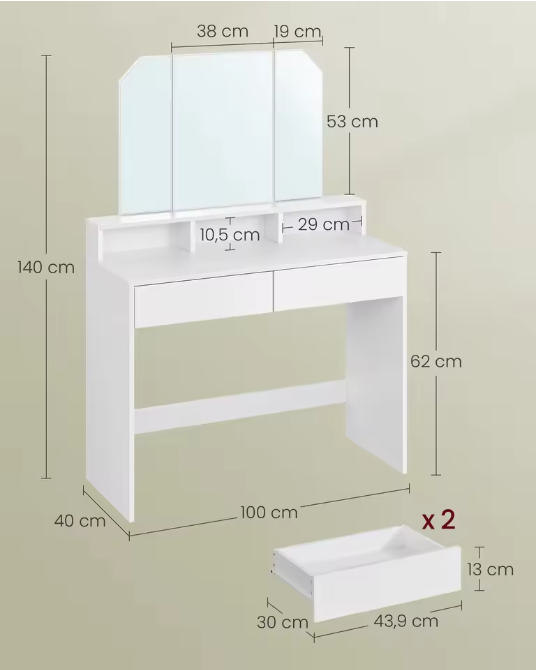 Kaptafel met Inklapbare Spiegel en 2 Laden – Make-up Bureau met 3 Open Vakken