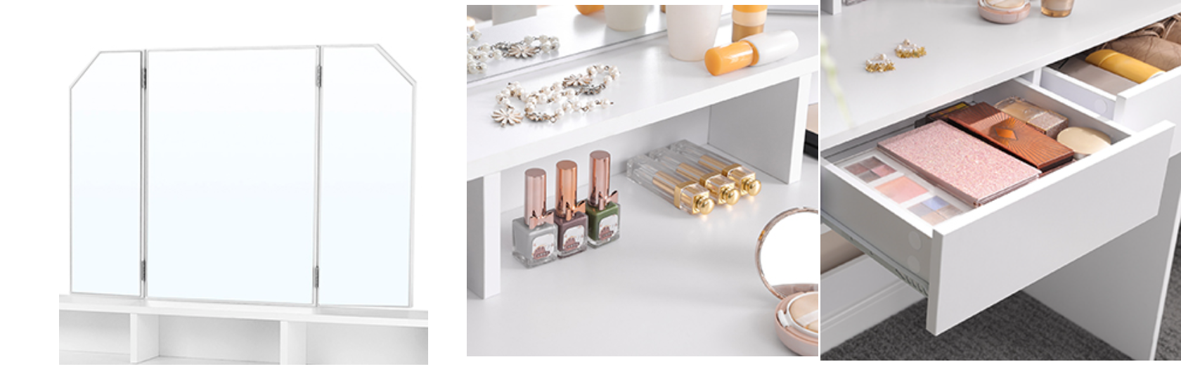 Kaptafel met Inklapbare Spiegel en 2 Laden – Make-up Bureau met 3 Open Vakken
