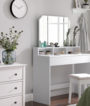 Kaptafel met Inklapbare Spiegel en 2 Laden – Make-up Bureau met 3 Open Vakken