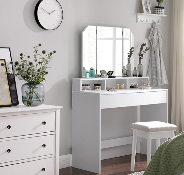 Kaptafel met Inklapbare Spiegel en 2 Laden – Make-up Bureau met 3 Open Vakken