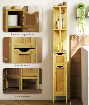Badkamer Kolomkast met Deuren en Open Planken – Slank Opbergmeubel voor Badkamer en Woonruimte