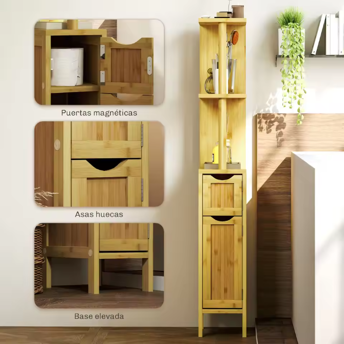 Badkamer Kolomkast met Deuren en Open Planken – Slank Opbergmeubel voor Badkamer en Woonruimte