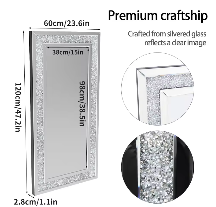 Grote Rechthoekige Wandspiegel met Crushed Crystal Rand – Luxe Full-Length Spiegel