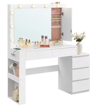 Kaptafel met LED-verlichting – Spiegel, Sieradenkast en Stopcontactstrip, 40x125x140cm