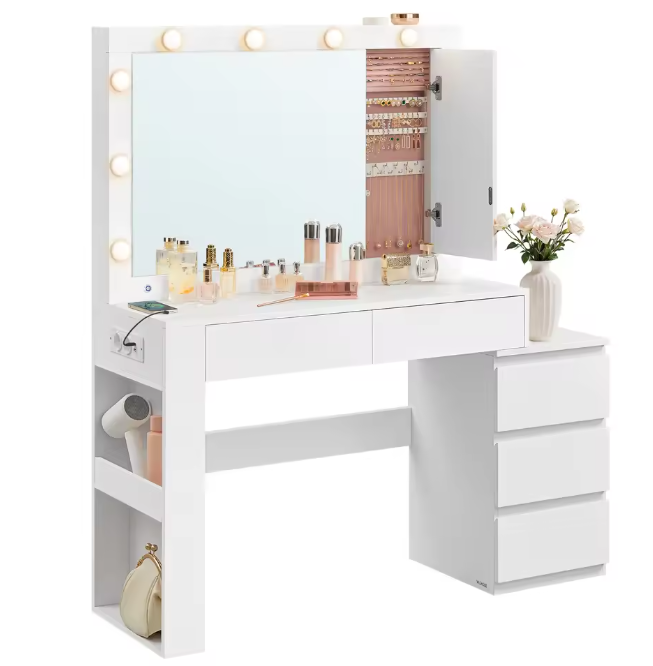 Kaptafel met LED-verlichting – Spiegel, Sieradenkast en Stopcontactstrip, 40x125x140cm