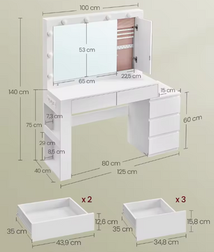 Kaptafel met LED-verlichting – Spiegel, Sieradenkast en Stopcontactstrip, 40x125x140cm