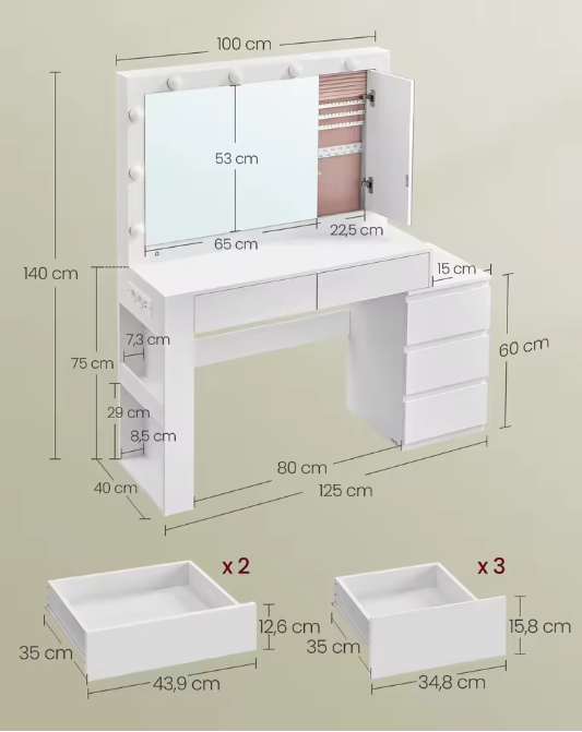 Kaptafel met LED-verlichting – Spiegel, Sieradenkast en Stopcontactstrip, 40x125x140cm