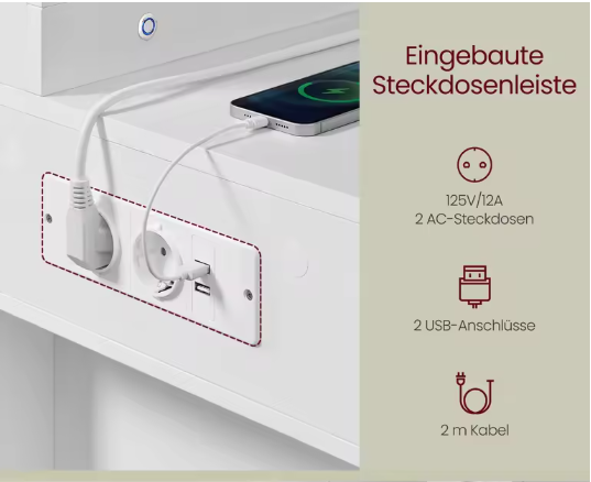 Kaptafel met LED-verlichting – Spiegel, Sieradenkast en Stopcontactstrip, 40x125x140cm