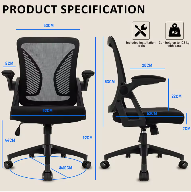 Ergonomische Bureaustoel met Mesh Rugleuning – Verstelbare Draaistoel met Opklapbare Armleuningen